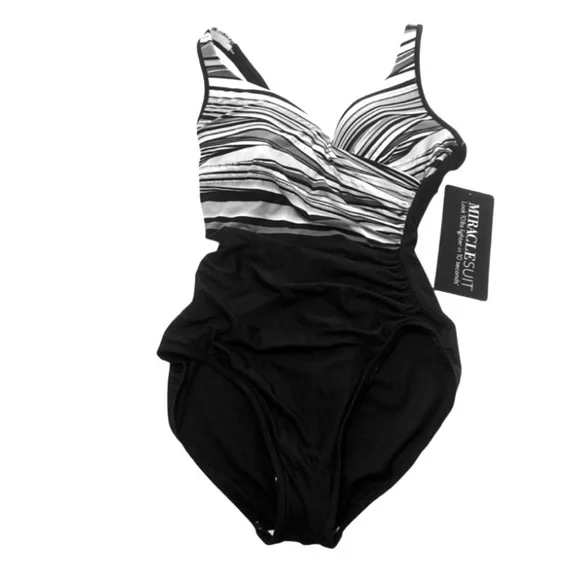 NEW Miraclesuit One Piece Swimsuit Shimmering Sands Black White Size 12